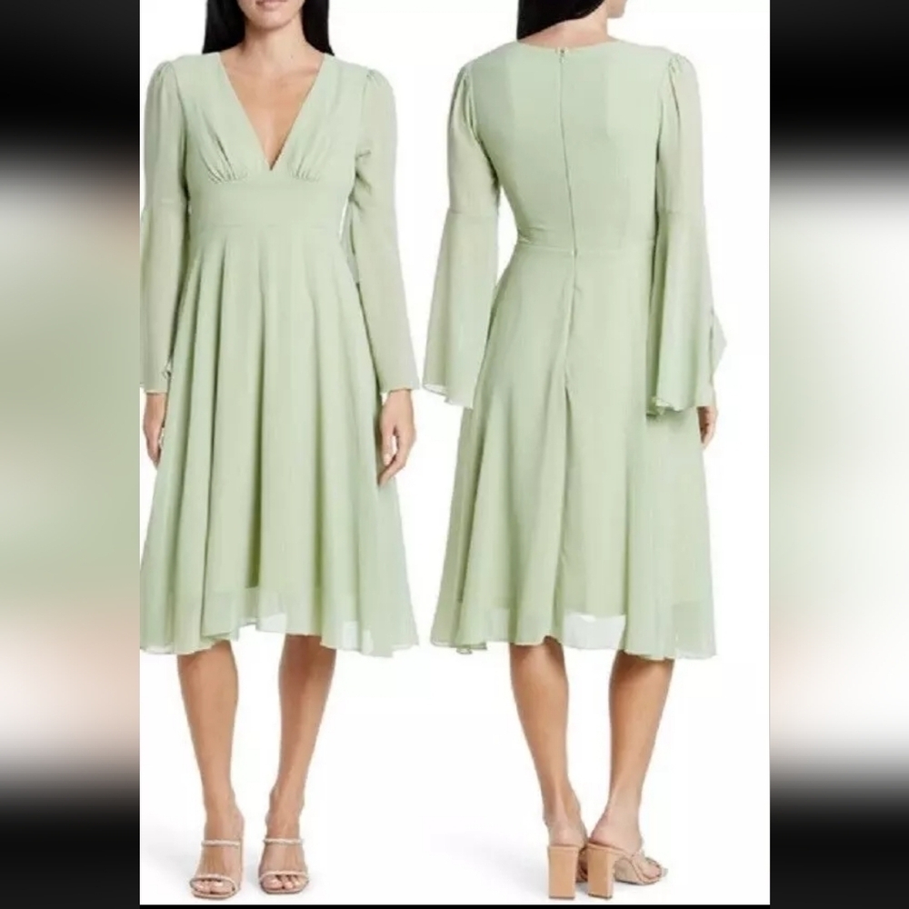 Area Stars Sage Maggie Bell Sleeve Midi Dress V Neck Bustline Pleat Size Small - Picture 3 of 16